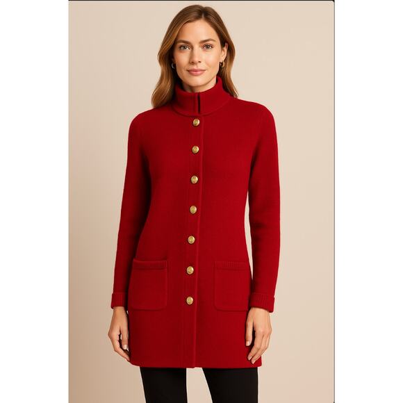 Adrienne Vittadini Medium Red Wool Blend Long Button Up Cardigan Stand Up Collar - Picture 4 of 10